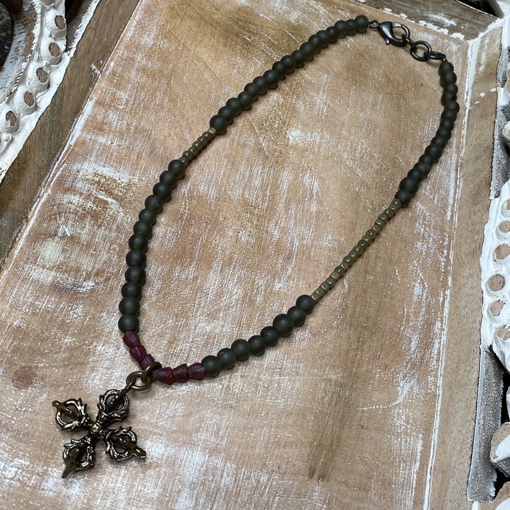 Necklace Red Recycled Cut Glass Unpolished Gold Hematite. Relic Cross Pendant.